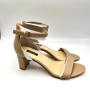 Nine West Womens Size 10 10M Pruce Nude Beige Leather Block‎ Heels Sandals Shoes